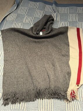 Roots Gray Hooded Fringe Poncho with Cream & Red Stripe